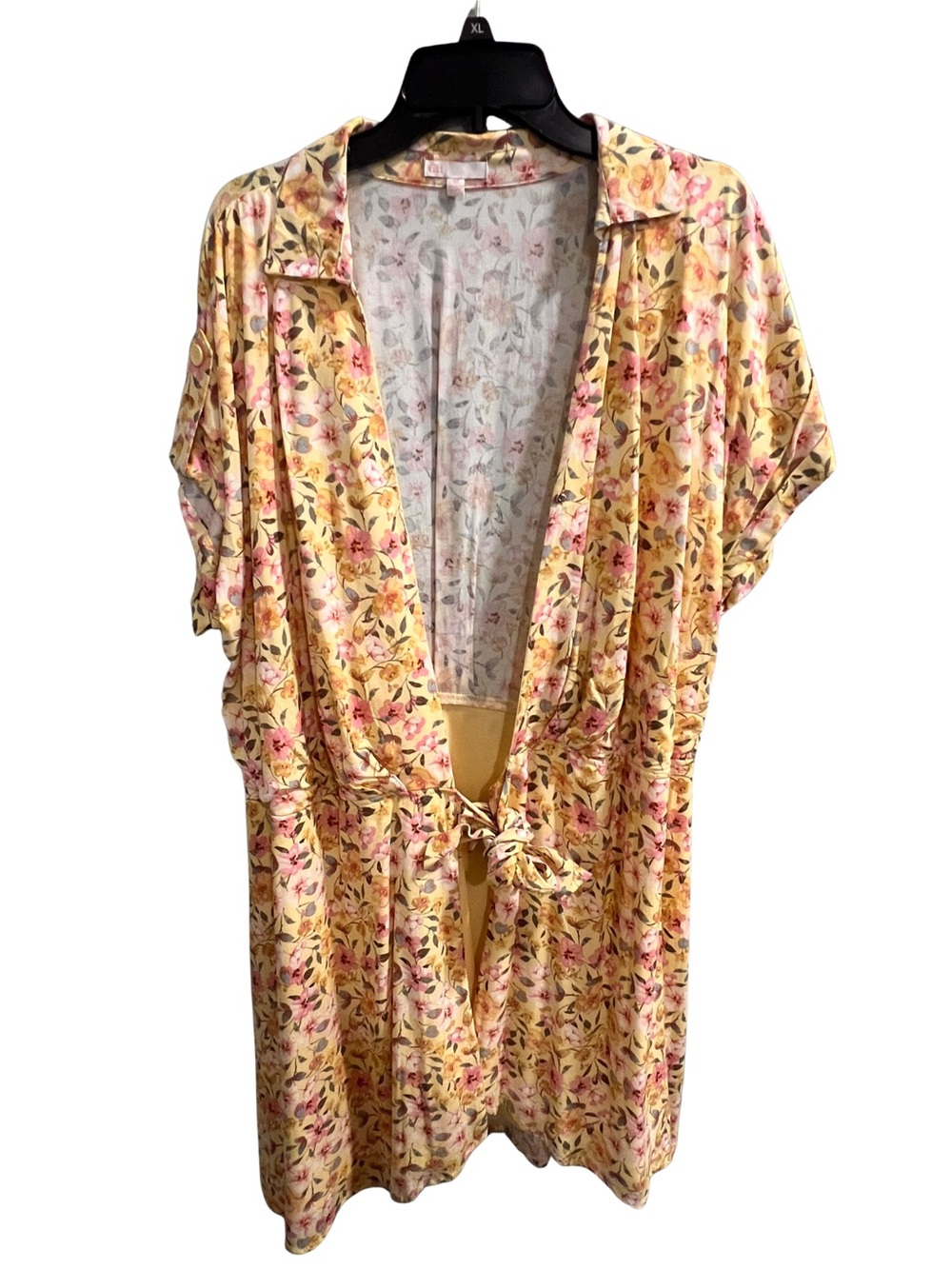 Yellow Floral Short Sleeve Tie-Front Cover-Up